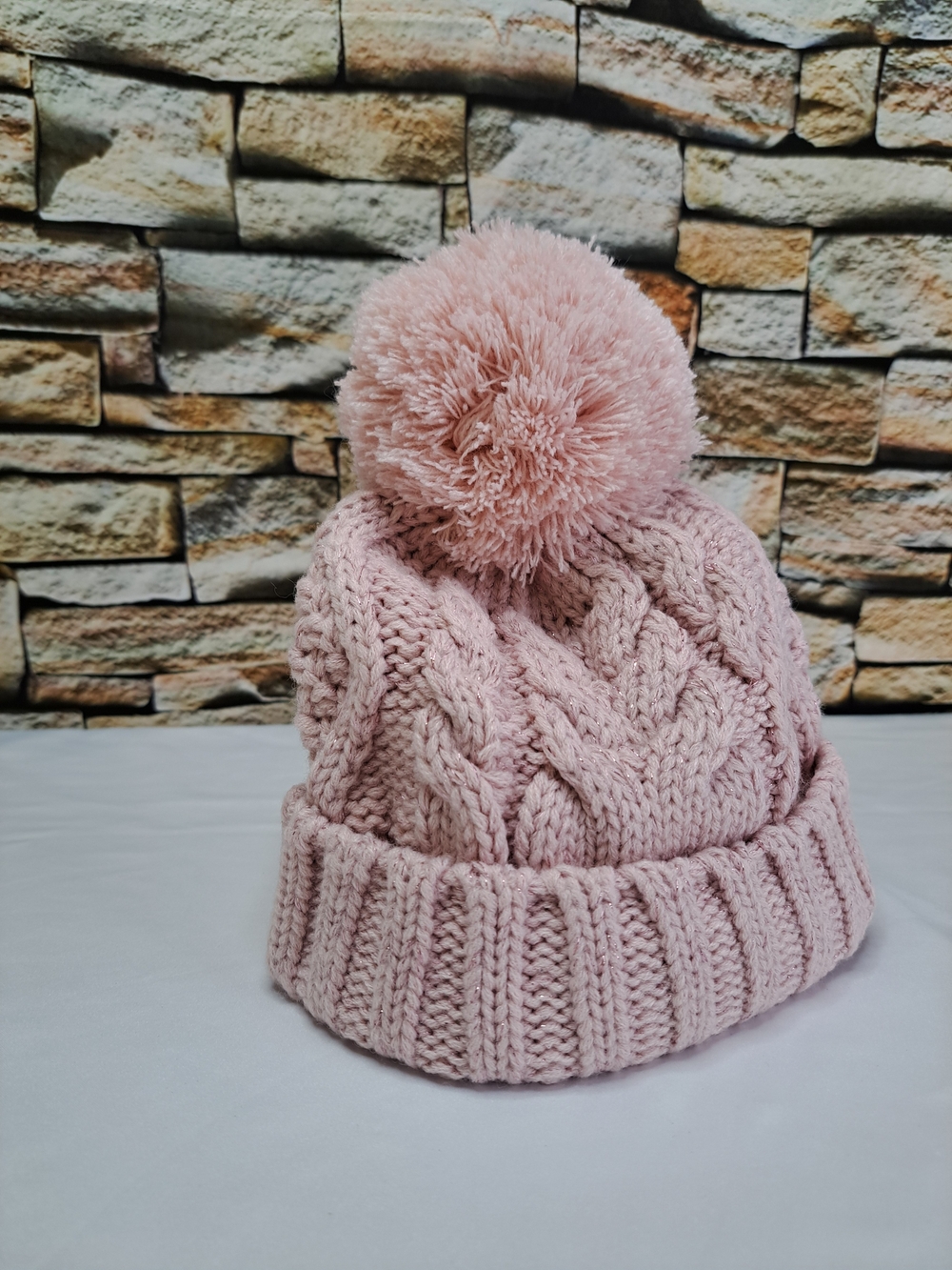 Baby GAP Kids Cable Knit Pom Beanie in Pure Pink w/shimmer Hat